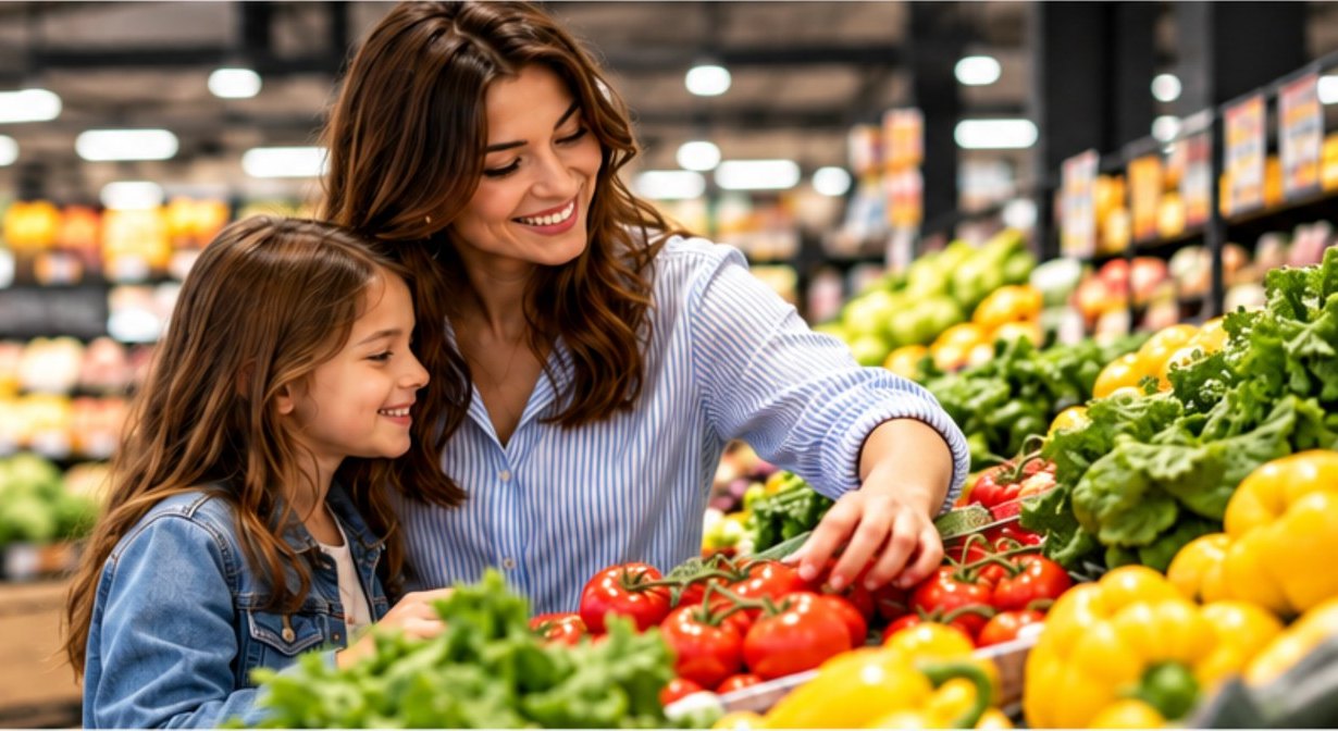 Una famiglia fa la spesa nel reparto ortofrutta Market Ingross
